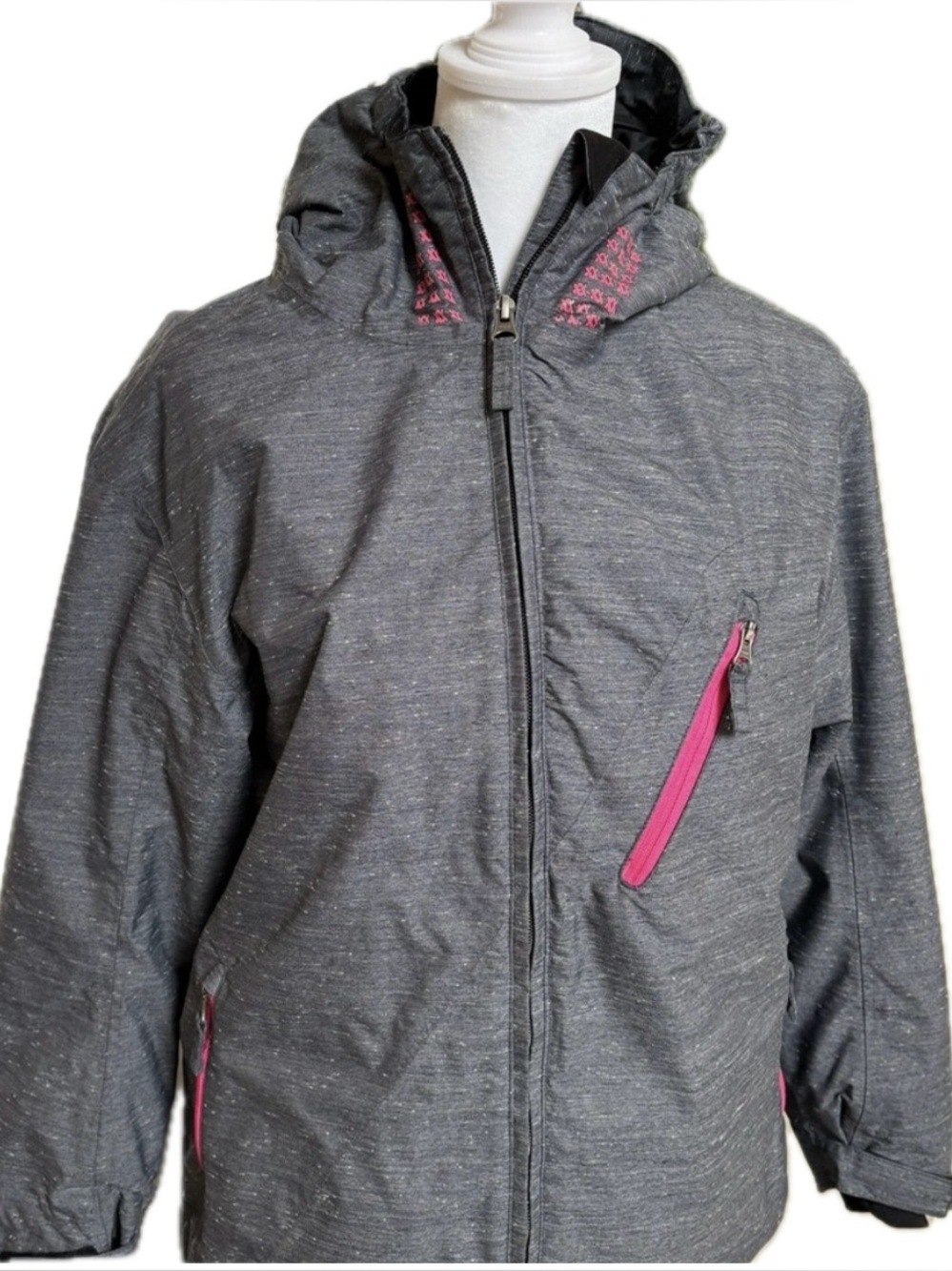 Girls Youth Size 14 Gray and Pink Ski with Hood and Relaxed Fit